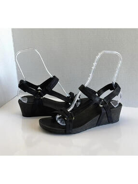 Teva Ysidro Sandals Women's Size 11 Black Leather Strappy Wedge Platform Shoes